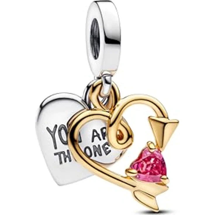 Pandora Moments, Gravierbarer Herz & Pfeil Doppelter Charm-Anhänger aus Sterling Silber mit vergoldeter Metalllegierung, Liebe Symbol mit rot glänzendem Stein, kompatibel mit Moments Armbändern, 763622C01 – Bild 1
