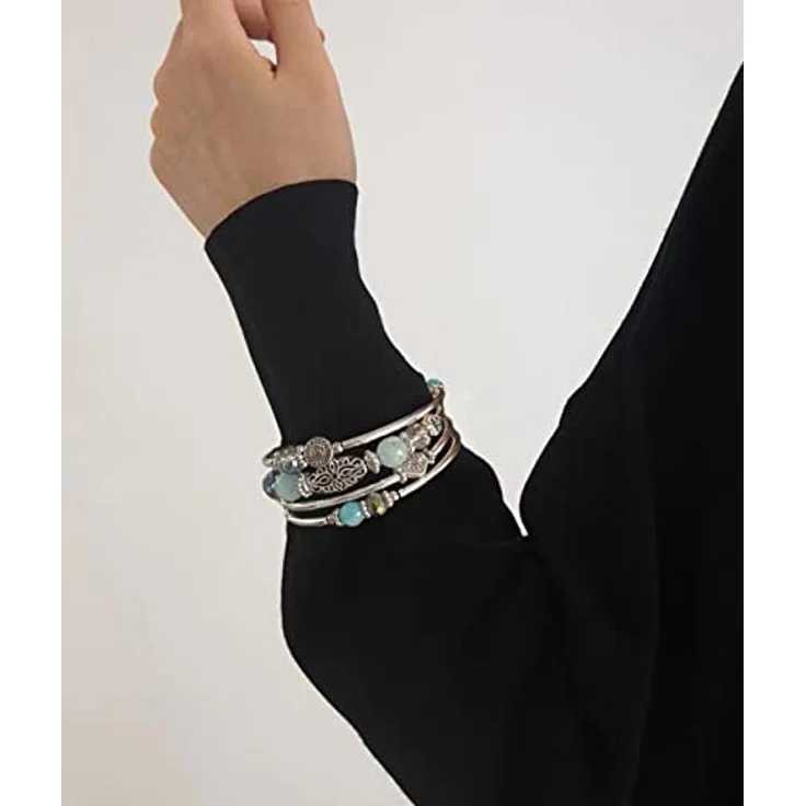 FULU AUTUMN Damen Boho Armband, Mehrschichtiges Perlen Wickelarmband aus Silber und Kristallglas, turquoise, Geschenkbox für Geburtstag und Muttertag – Bild 4
