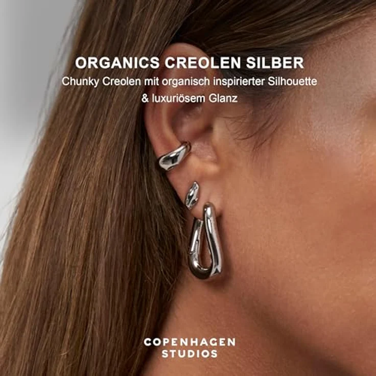 COPENHAGEN STUDIOS Organics Creolen, silber, Damenohrringe aus poliertem Edelstahl, organisches Design, wasserfest & hautfreundlich, Klappschließe – Bild 2