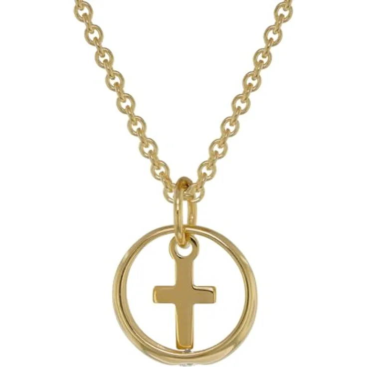 trendor Taufring Anhänger mit Kreuz Gold 333, glitzernder Zirkonia + vergoldete Silberkette 1,5 mm, 40 cm