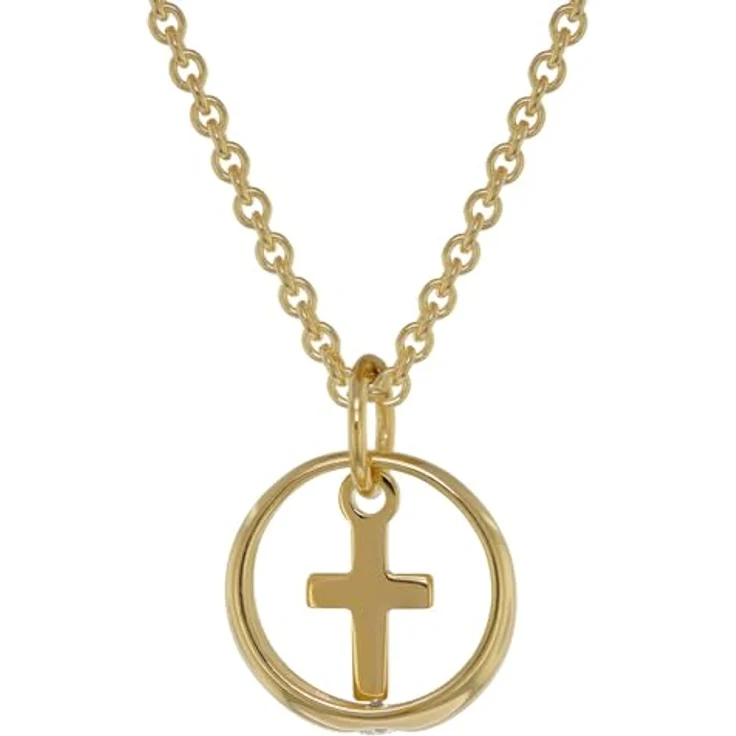 trendor Taufring Anhänger mit Kreuz Gold 333, glitzernder Zirkonia + vergoldete Silberkette 1,5 mm, 40 cm – Bild 1
