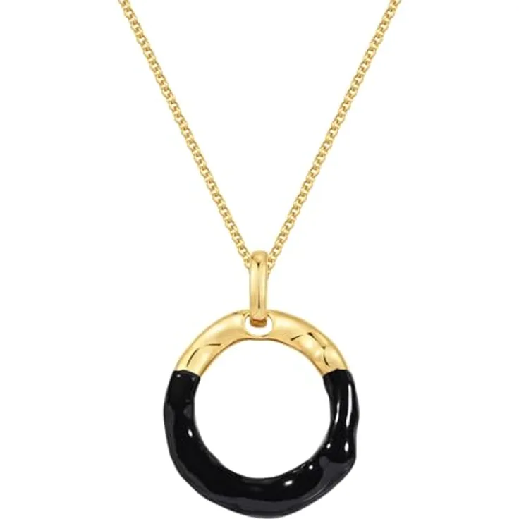 Yokoamii Damen Kette gelbvergoldet 14 Karat mit schwarzer Emaille, 65 cm verstellbar, Modeschmuck mit Anhänger
