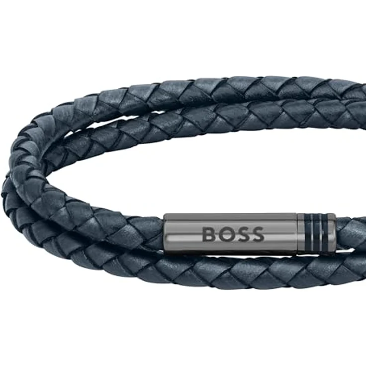 BOSS Jewelry ARES Herren Lederarmband, doppelt gewickelt, marinblau, Edelstahlverschluss mit grauer IP-Beschichtung, 19 cm – Bild 2
