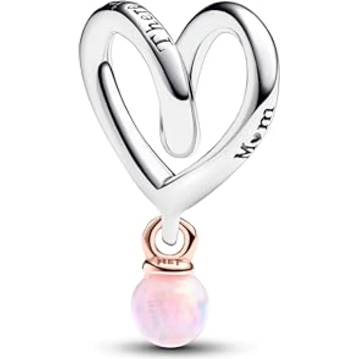 PANDORA Moments Bicolor Eingehülltes Herz Charm aus rosévergoldetem Sterling Silber mit Opal, Herzmotiv und Gravur „There is no one like you“, kompatibel mit Moments Armbändern, 783242C01