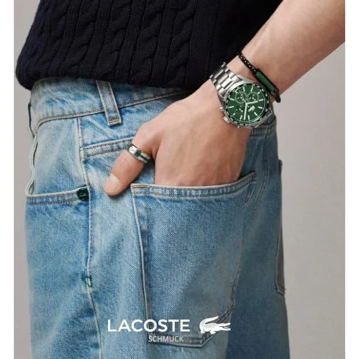 Lacoste Ring für Herren, Kollektion BASELINE, Edelstahl, Größe 66, mit grünem emailliertem Streifen und Krokodillogo – Bild 3