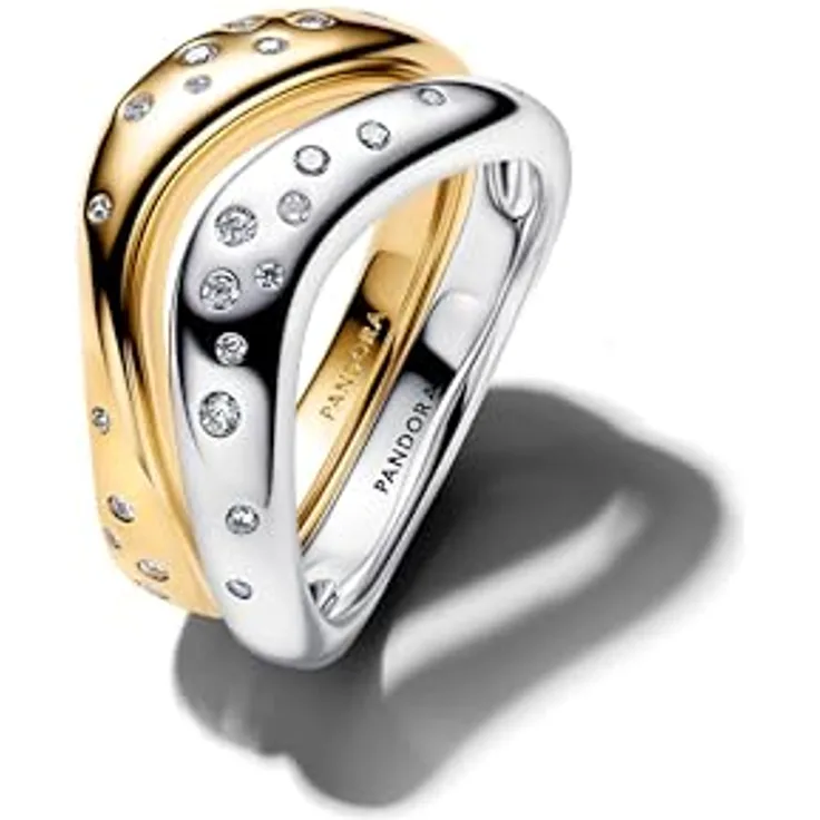 PANDORA Essence Bicolor Stacking-Ringe, Sterling-Silber mit 14 Karat Vergoldung und Zirkonia, Größe 54, organisch geformt