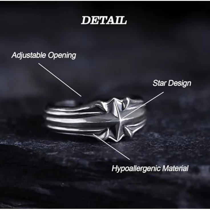 KONFEN Stern Herren Ring, Verstellbarer Wikinger Ring aus hypoallergener Legierung, Vintage Hip Pop, Silber – Bild 4