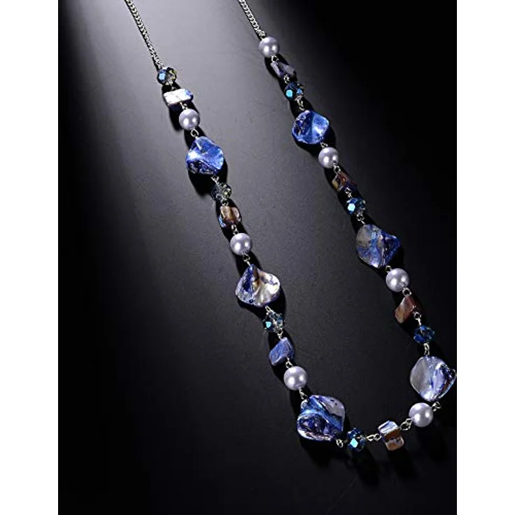 Bulinlin Damen Lange Perlenkette, Boho Silber Metallkette mit Harz- und Glaskristallperlen, 35-Zoll + 3-Zoll Verlängerung, Blau – Bild 4