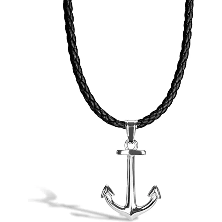SERASAR Lederkette Herren mit Anker Anhänger, 60cm Echtleder Silber, Geschenkbox für Männer