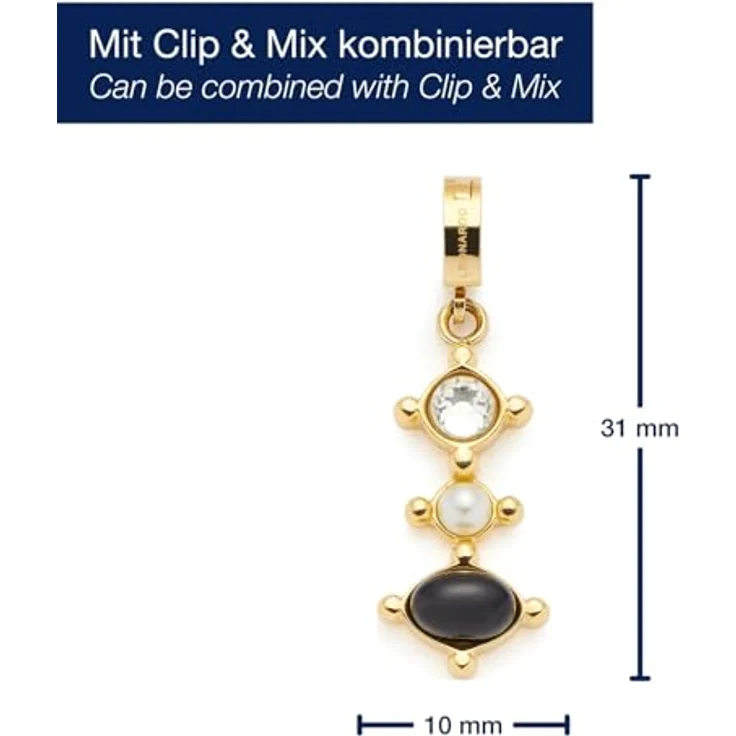 JEWELS BY LEONARDO Clip & Mix Adelia, Ketten-Anhänger aus goldfarbenem Edelstahl mit klarem Glasstein, weißen Imitationsperle und schwarzem Onyx, 3,1 x 1 x 0,6 cm – Bild 2