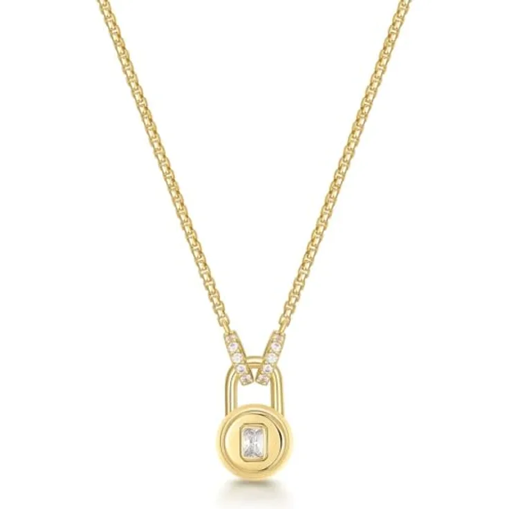 ANIA HAIE TRAILBLAZER Linked Locket Dangle Necklace, 925 Sterling Silber 14k vergoldet, mit 11 Zirkonia, Länge: 40,5 cm + 5 cm Verlängerung, inkl. Geschenkverpackung