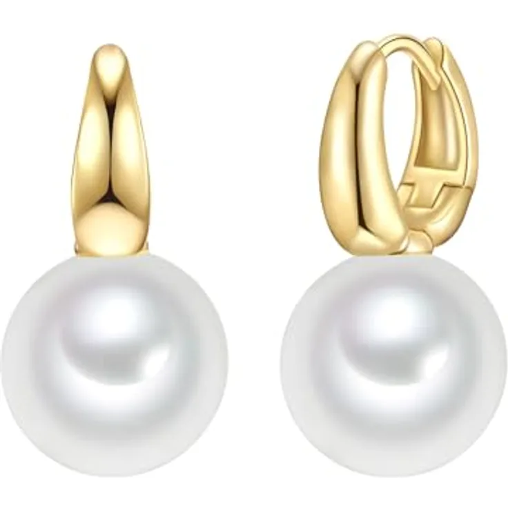 Rafaela Donata Creolen Damen, 925/- Sterling Silber gelbvergoldet mit 12 mm weißen Muschelkernperlen, Klappcreolen, zeitloses Design