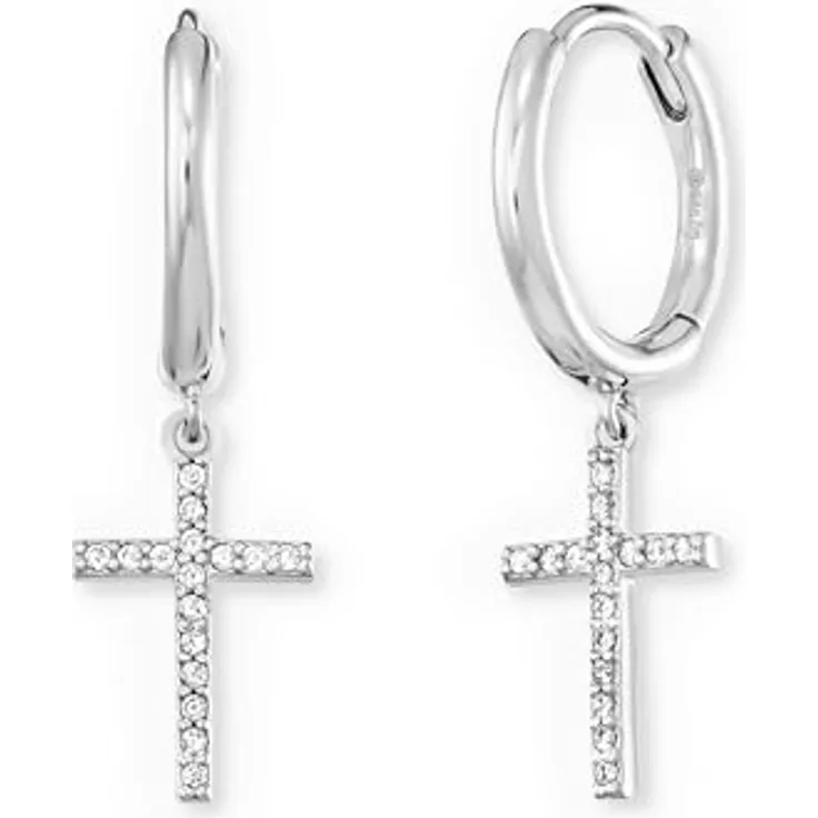 Engelsrufer Damen Creolen mit Kreuzahänger aus Sterling Silber, 32 weiße Zirkonia Steine, 13 mm Durchmesser, Clipverschluss, nickelfrei