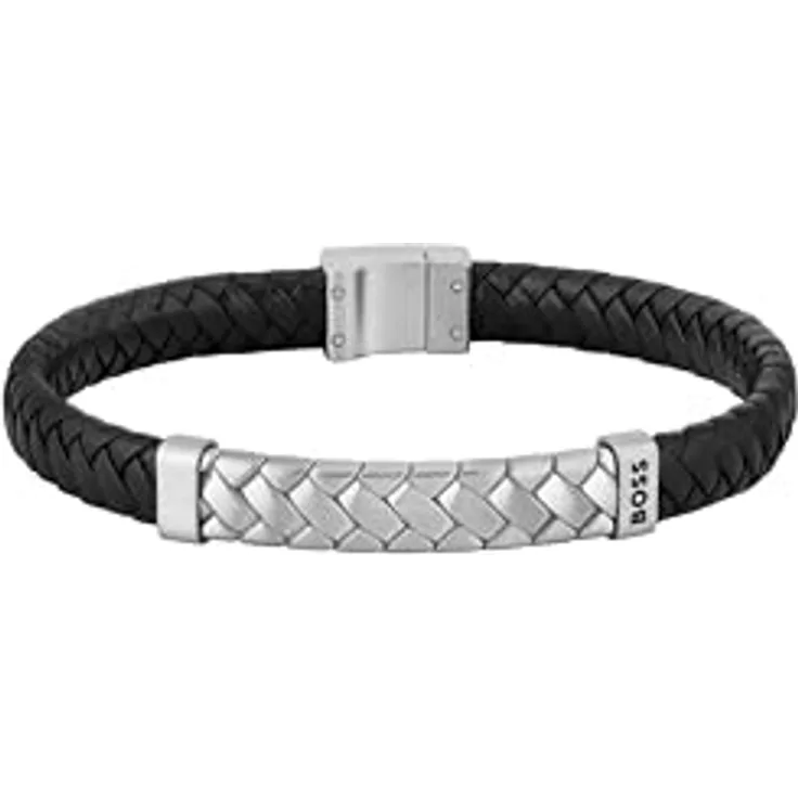 HUGO BOSS BOSS Jewelry Armband Herren Kollektion TAILORED aus schwarzem Leder mit Edelstahlverschluss, 190 mm Umfang, 8 mm Breite, Herringbone-Muster