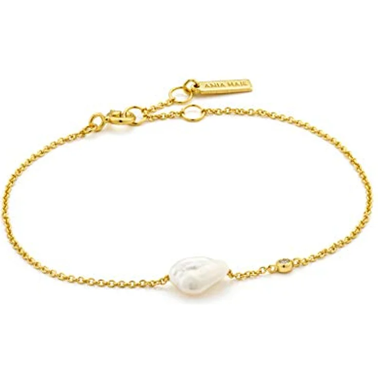 ANIA HAIE PEARL OF WISDOM Damen Armband aus 925 Sterling Silber 14k vergoldet, mit Zirkonia Stein und Süßwasserperle, verstellbar von 16 cm auf 18 cm, inkl. Geschenkverpackung – Bild 1