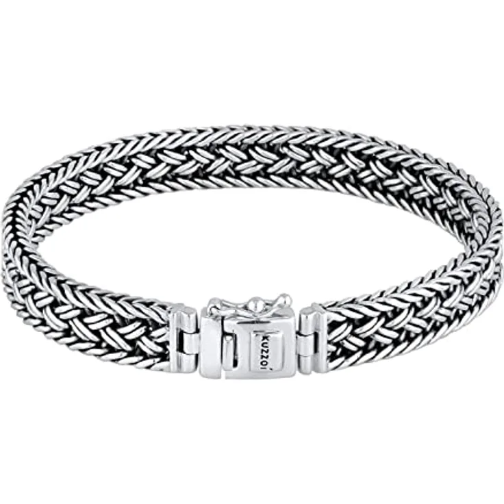 Kuzzoi Silber-Armband für Herren, handgefertigte Zopfkette aus 925 Sterling Silber, massives 10mm Panzerarmband, 38g, Sicherheitsverschluss mit KUZZOI-Logo