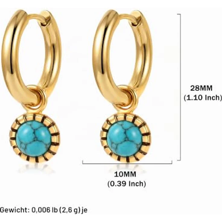 ROISE LADY Gold Damen Ohrringe, Edelstahl vergoldet, klein mit türkisem Edelstein, dünne Creolen – Bild 4