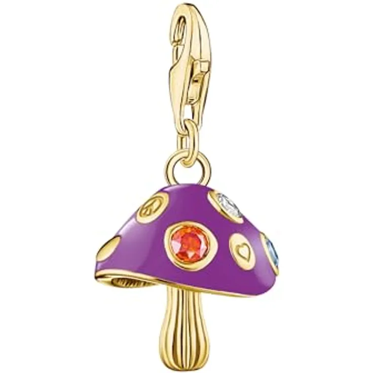 THOMAS SABO Charm-Anhänger bunter Pilz, vergoldet aus recyceltem 925 Silber, 18k Vergoldung, mit Karabinerhaken