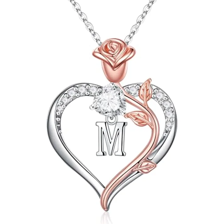 TINGN Herz Halskette mit Buchstaben M, Damen Silber Kette aus 14 Karat platiertem Weißgold, 45,7 cm + 5,1 cm, mit Zirkonia, Geschenk für Frauen, Mädchen, Mutter