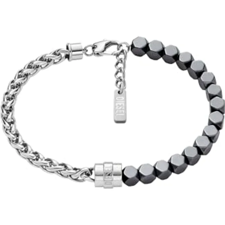 Diesel Font Herren Edelstahlarmband, Silberfarben, matt und glänzend, 19,5 cm + 1,5 cm, Karabinerverschluss