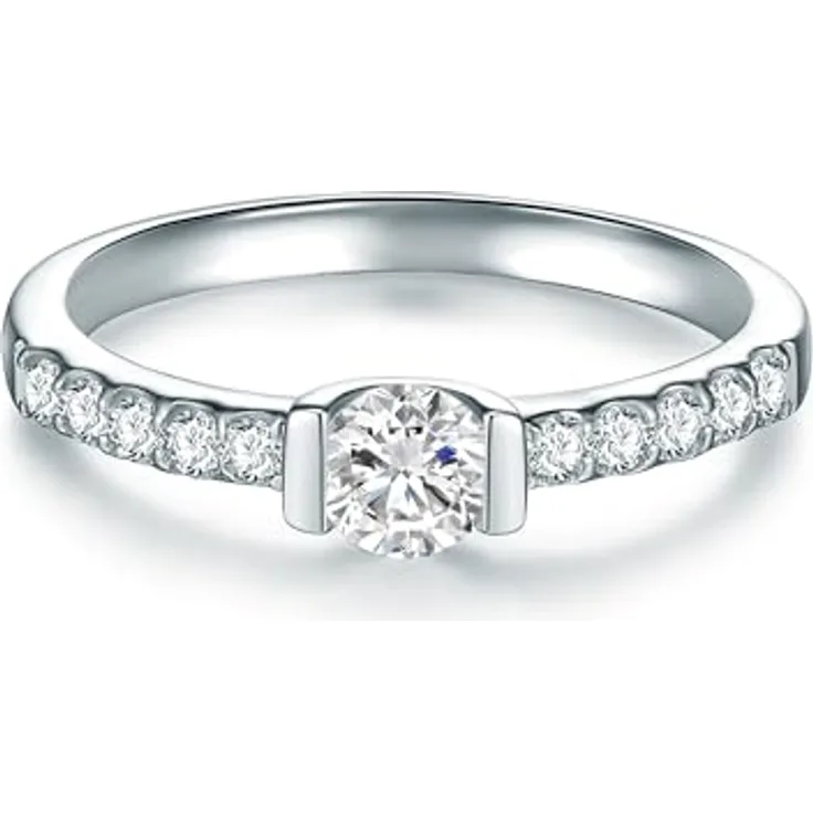Trilani Damen Solitärring 925/- Sterling Silber, Zirkonia im Brillantschliff, 2,4 mm schmale Ringschiene, Verlobungsring, Antragsring, Trauring