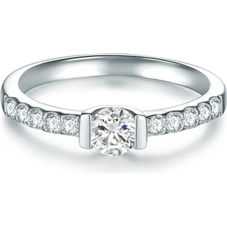 Trilani Damen Solitärring 925/- Sterling Silber, Zirkonia im Brillantschliff, 2,4 mm schmale Ringschiene, Verlobungsring, Antragsring, Trauring – Bild 1