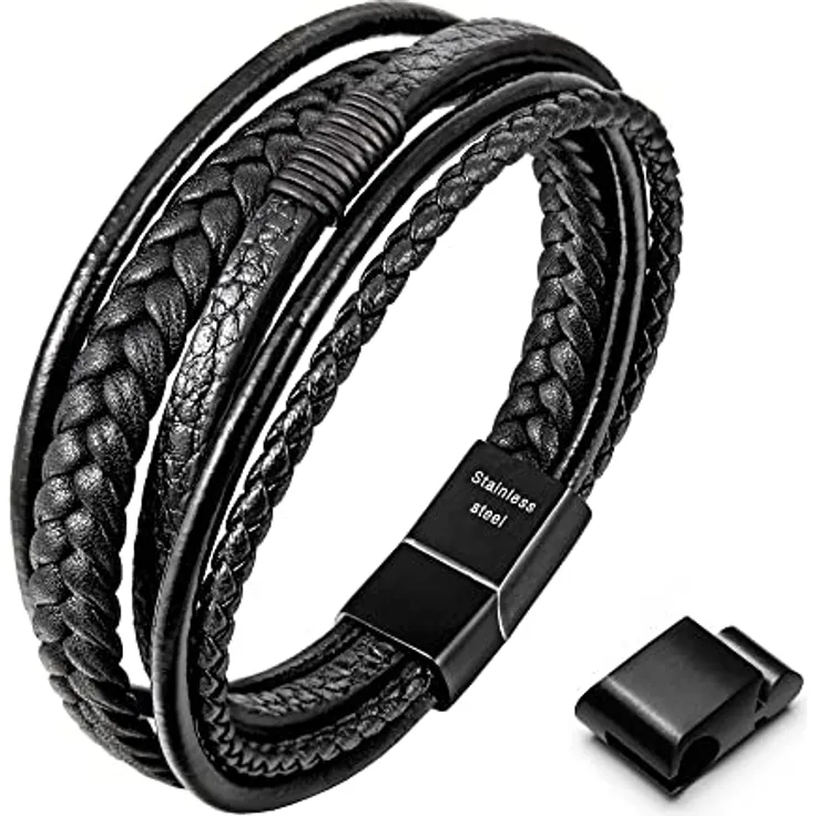 Speroto Lederarmband Herren, geflochtenes Armband aus Rindsleder und Edelstahl, schwarz, 23 cm