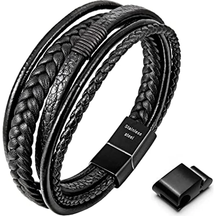 Speroto Lederarmband Herren, geflochtenes Armband aus Rindsleder und Edelstahl, schwarz, 23 cm – Bild 1