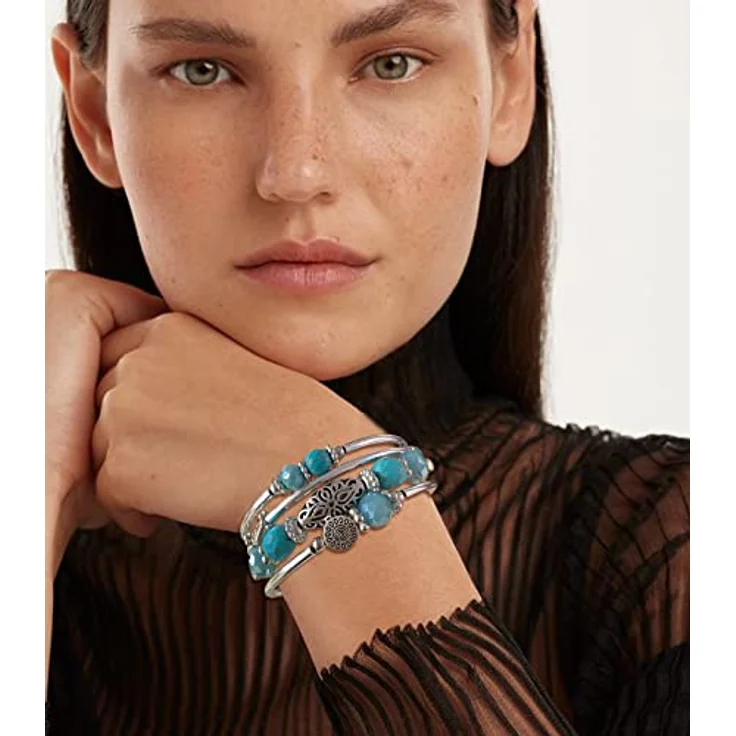 FULU AUTUMN Damen Boho Wickelarmband mit mehrschichtigen Perlen und versilbertem Design, turquoise – Bild 3