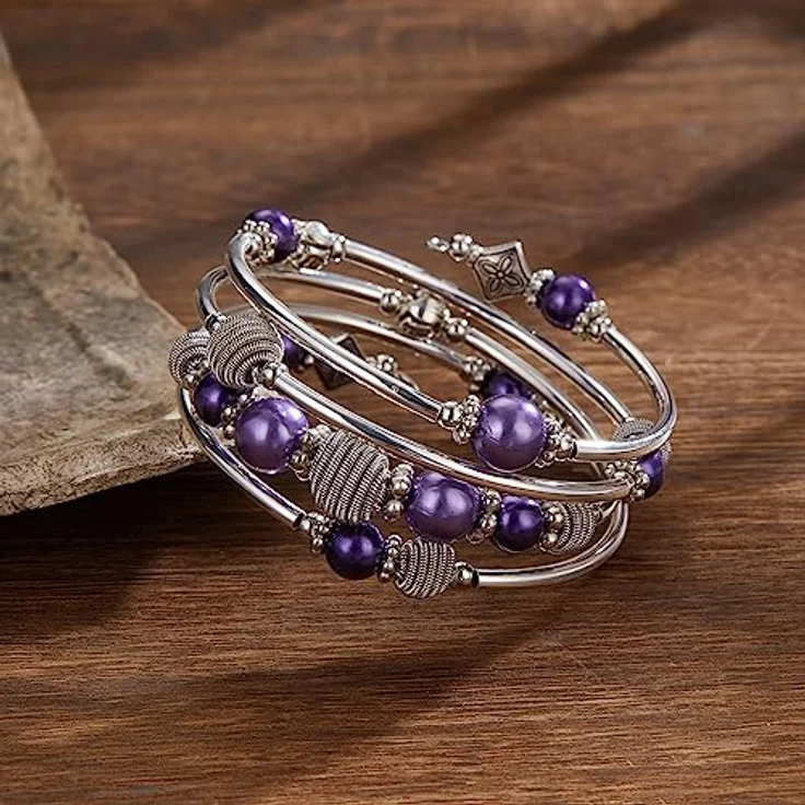 Bulinlin Silber Wickelarmband mit Naturstein Perlen, Boho Mehrschichtiges Damen Armband in Violett, perfektes Geburtstagsgeschenk – Bild 4