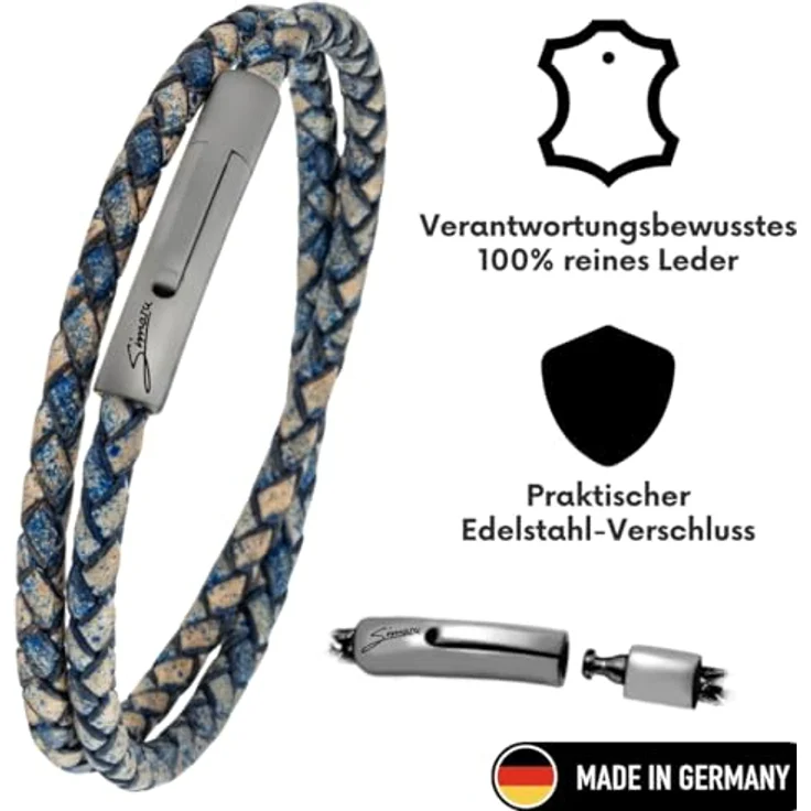 Simaru Lederarmband, 4mm geflochtenes Wickelarmband aus Echtleder mit Edelstahl Hakenverschluss, Wasserfest, Blau (39cm Länge - M) – Bild 2