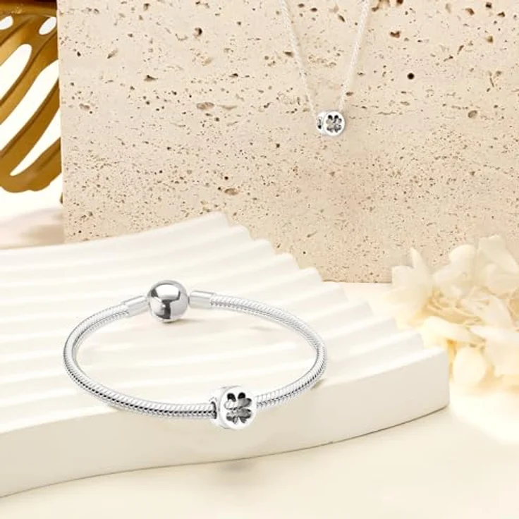 Ruaidhra Kleeblatt Charms & Beads für Damen, Sterling Silber S925, Glückscharms mit Blume, Glühwürmchen und Schildkröte, geeignet für Armbänder und Halsketten, Geschenk für Frauen – Bild 3