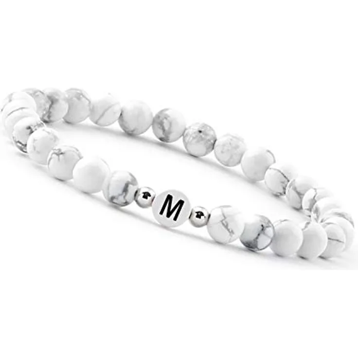 GD GOOD.designs Pärchen Armband, Partnerarmband aus Howlith Perlen mit Buchstaben M, handgefertigt und farbstabil, für Handgelenke 16-20 cm