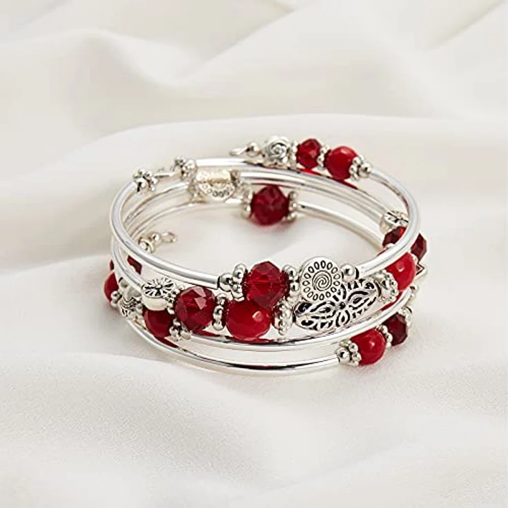 FULU AUTUMN Damen Boho Armband, mehrschichtiges Perlen Silber Wickelarmband, rotes Modeschmuck Geschenk für Geburtstag und Muttertag – Bild 2