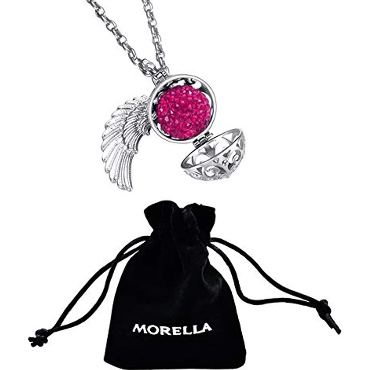 Morella Damen Schutzengel Halskette Edelstahl 70 cm mit Engelsflügel Anhänger und Klangkugel Zirkonia pink Ø 16 mm im Schmuckbeutel – Bild 3