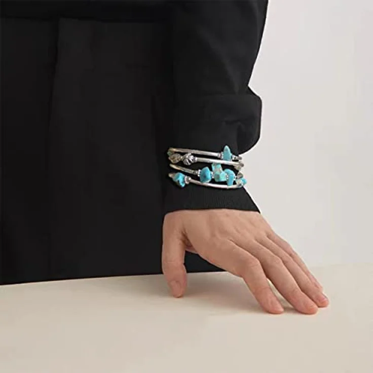 FULU AUTUMN Damen Boho Armband, mehrschichtiges Perlen Silber Wickelarmband mit Natursteinen in Türkis, perfektes Geschenk für Frauen zum Geburtstag und Muttertag – Bild 5