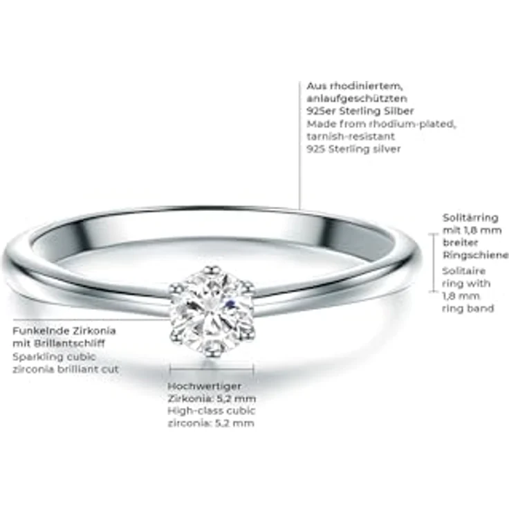 Trilani Damen Solitärring Sterling Silber, Brillantschliff Zirkonia weiß, Verlobungsring Trauring 2 mm Ringschiene in Schmuckbox – Bild 2