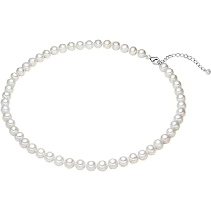 Valero Pearls Damen Perlenhalskette, hochwertige Süßwasser-Zuchtperlen 7-8 mm rund weiß, 925 Sterling Silber, elegantes Schmuckstück mit Verlängerungskettchen – Bild 3
