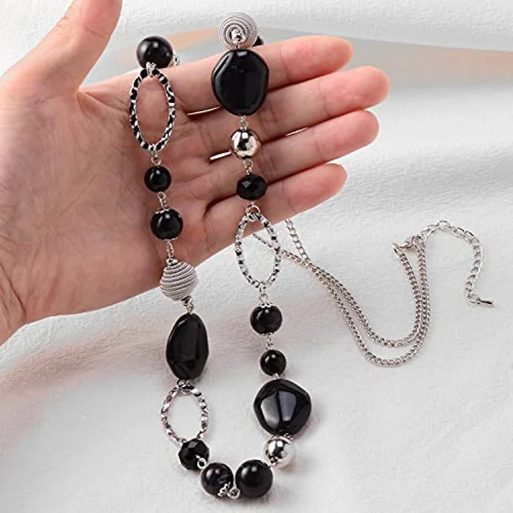 Bulinlin Silber Perlen Lange Kette für Damen, Boho Statement Chain Halskette, 35+3 Zoll, schwarz, Modeschmuck für Geburtstagsgeschenke – Bild 3