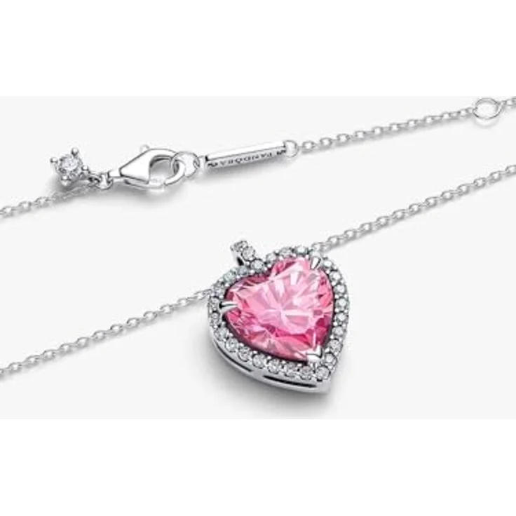 PANDORA Damen-Kette Pinkfarbenes Halo Herz mit Zirkonia, Silber, Karabinerverschluss – Bild 3