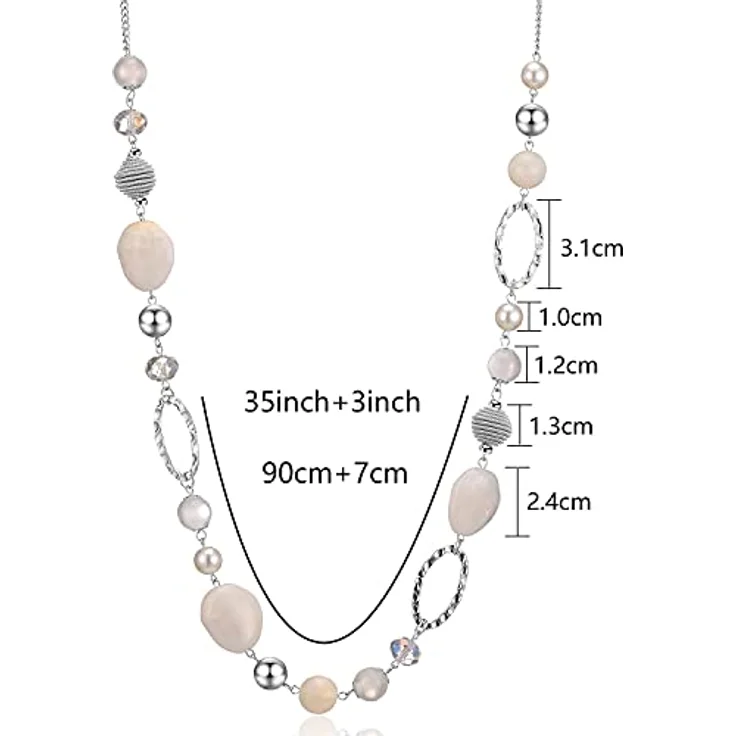 Bulinlin Silber Perplen Lange Kette Damen, Boho Statement Chain Halskette, 35+3 Zoll, weiß – Bild 5