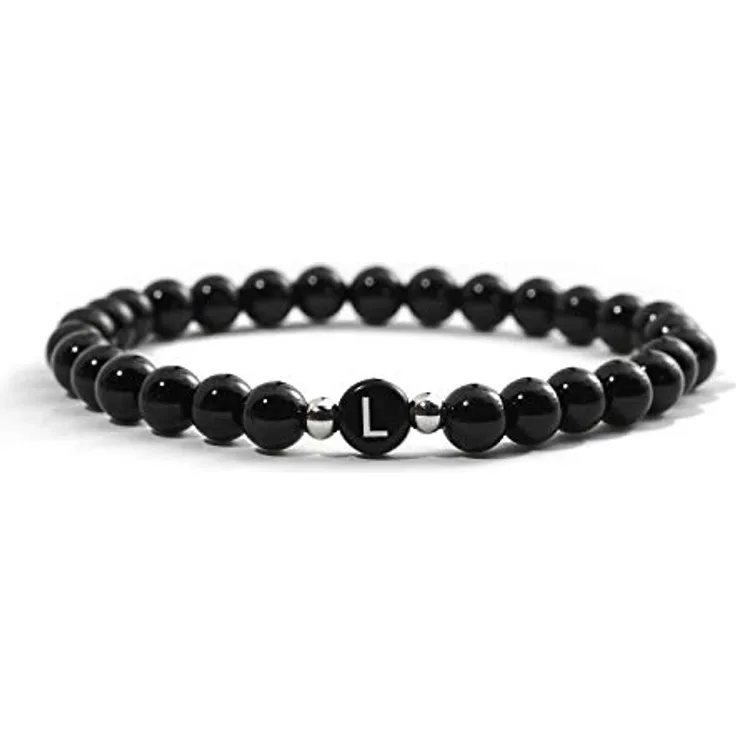 BERGERLIN Buchstabe Armband schwarz (Buchstabe L), flexibles Unisex-Design aus echtem Onyx für Handgelenke 16-20cm, inkl. Leinenbeutel