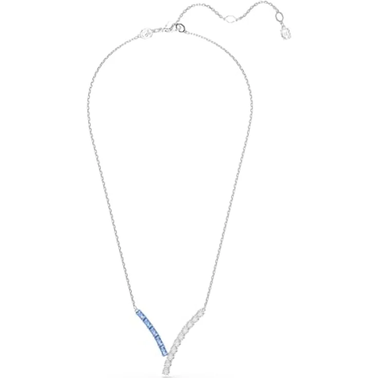 Swarovski Matrix Anhänger, Rhodinierte Damenhalskette mit V-förmigem Motiv, blauen und klaren Zirkonia in Rund- und Baguette-Schliffen, 38-45 cm – Bild 2