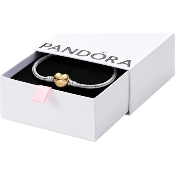 PANDORA Moments Schlangen-Gliederarmband mit Herz-Verschluss, Sterling-Silber und vergoldeter Metalllegierung, kompatibel mit Charms, Größe: 18cm