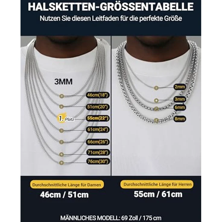 PROSTEEL Edelstahl Halskette Venetia Box Briolette, silber, 3mm Breite, 46cm Länge, Unisex Schmuck für Männer und Jungen – Bild 5
