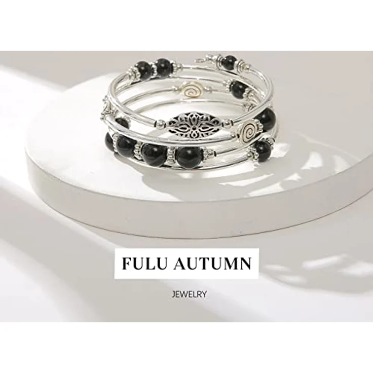 FULU AUTUMN Damen Boho Armband, Silber Wickelarmband mit mehrschichtigen Perlen, Geschenke zum Geburtstag und Muttertag, Schwarz – Bild 5