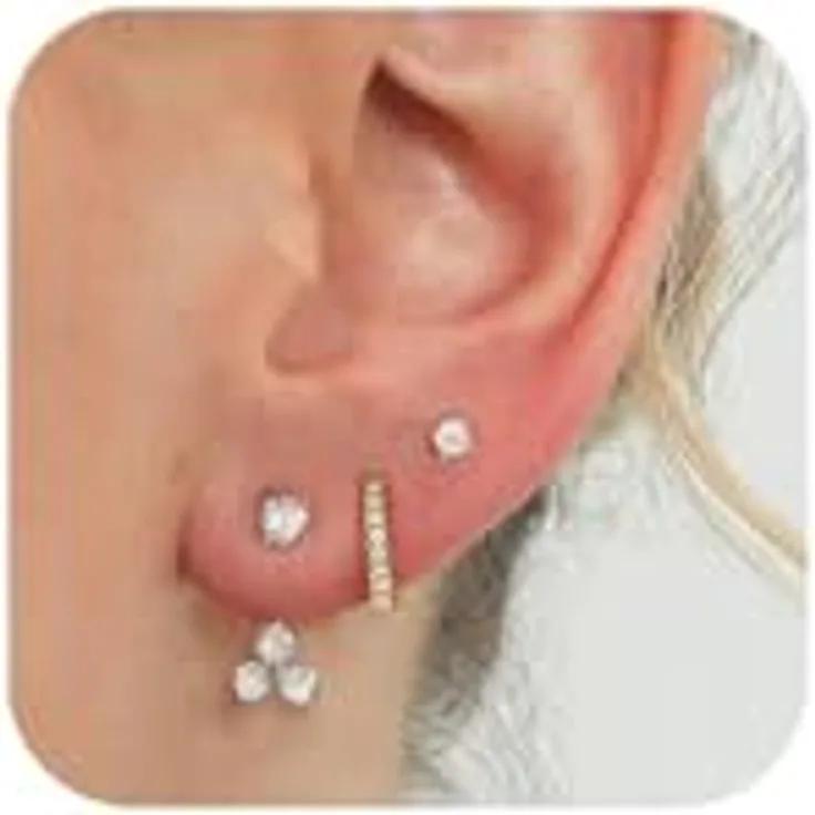 HARJJME 3 Paar Ohrringe Silber 925 Set Damen, 14K vergoldete Creolen und Ohrstecker, wasserfest, mit Kleeblatt-Anhänger, ideal für mehrere Piercings, Geschenkbox inkludiert