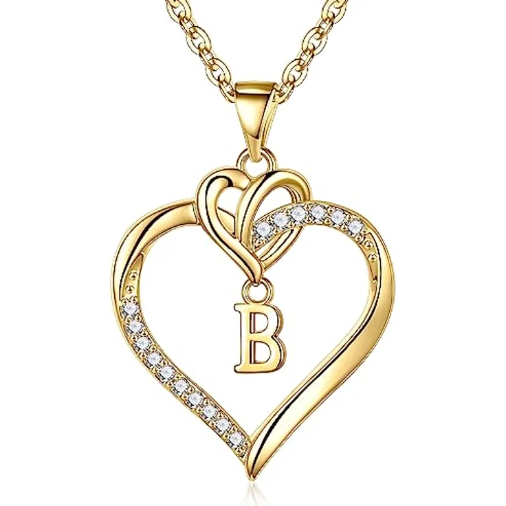 TINGN Herz Initial Halskette Damen, Gold Kette mit Buchstaben B, 14 Karat vergoldeter Anhänger mit Zirkonia, Geburtstagsgeschenk für Frauen, Jubiläum und Valentinstag – Bild 1