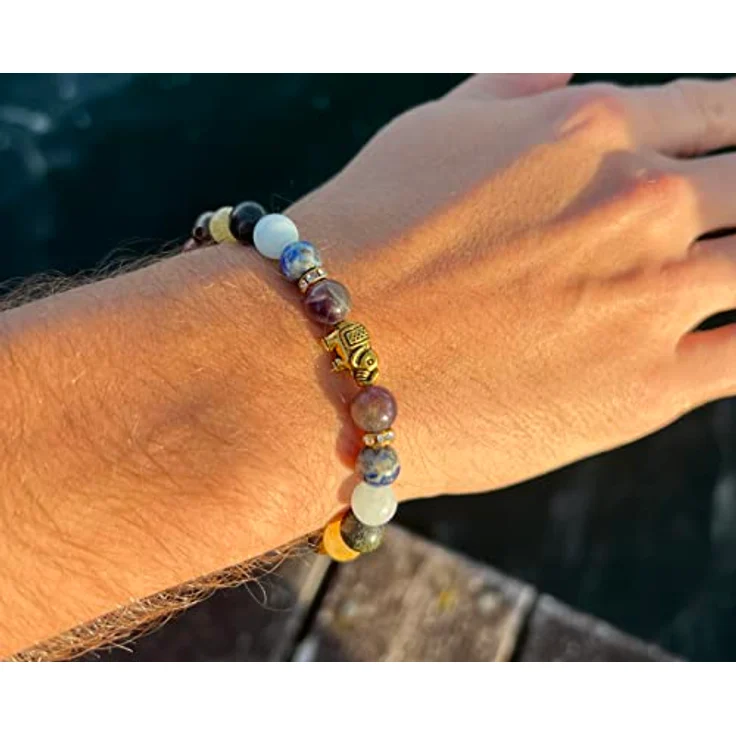 BERGERLIN 7 Chakren Armband aus 8mm Naturstein und Lavastein, mit Elefant, Größe M-L, handgemacht, geprüft, Patina Look – Bild 5