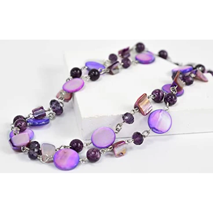 FULU AUTUMN Kristall Perlenkette Boho Muschelkette Damen, bunte mehrreihige Halskette mit Muschelanhängern, 59-Purple, 18 Zoll + 2,7 Zoll Verlängerung – Bild 4